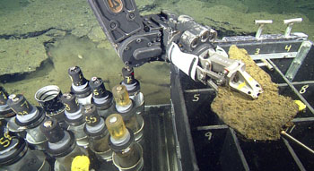 ROV Doc Ricketts’ manipulator arm collecting a slab of the solidified volcanic ash deposit on the rim of the caldera at Alarcón Seamount.