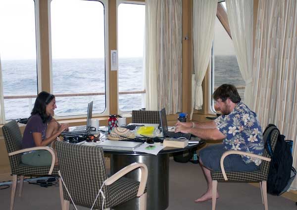 Alana Sherman and Jake Ellena work on their computers. We are waiting for weather conditions to improve and for official approval to conduct sampling at our final station that is located about 85 kilometers southeast of Bermuda. This location lies within Bermuda’s Exclusive Economic Zone, a territorial region that extends 370 kilometers (200 nautical miles) from the coastline.