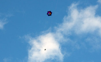 The camera platform looks like a spider as it travels up the main kite line.