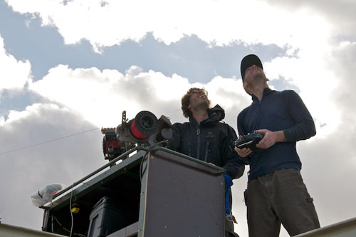 Don Montague and Joe Brock monitor the kite and control the camera systems from the upper aft deck of Lone Ranger.