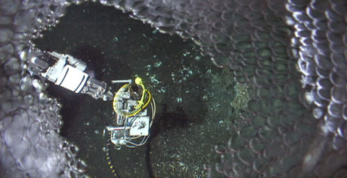 A bird's eye view of the gas sampler (held by manipulator arm) as it catches bubbles to measure gas composition at this site. The high-definition camera caught gas-hydrate coated bubbles on its housing.