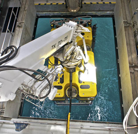 An unusual shot of the recovery of the remotely operated vehicle Doc Ricketts taken during the last day’s work. First Mate Andrew McKee climbed up on the top of the ship and opened a hatch to look directly down into the moon pool—a vantage point most people are not privy to.