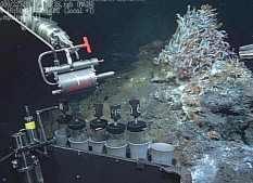 Tiburon sampling hydrothermal vent fluids for gas analysis in front of a clump of Riftia tubeworms.