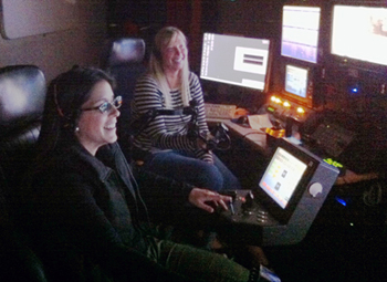 Krystle Anderson (in the foreground) and Susan von Thun take the ROV for a spin. (Note, getting the ROV from 2,900 meters to the sea surface takes a while, and sometimes the pilots let us stage images like this.)