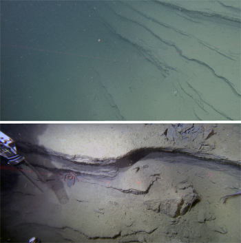 In the top image, you can see the dramatic ledges with bedding that dominates this scour. In the bottom image, the ROV manipulator prepares to take a horizontal push core in one of the layers of a ledge.