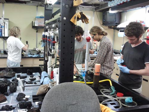 sediment cores being processed