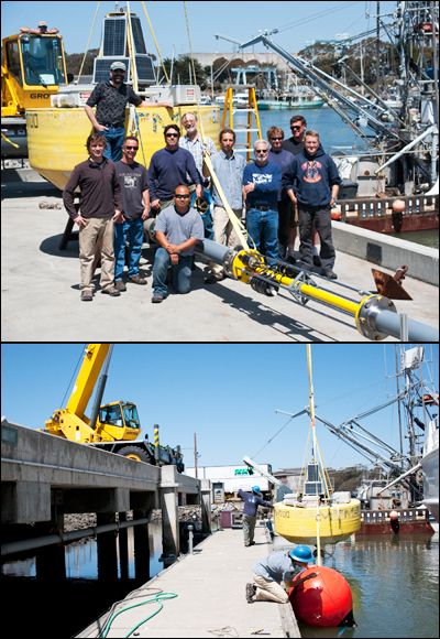 In these 2013 photos, a team of MBARI engineers prepared the power buoy for deployment. The deployment went well overall, but after 25 days, the system failed due to wear. The engineering team is currently working on increasing the power buoy's longevity.