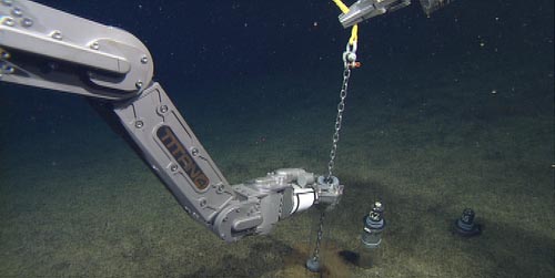 piston corer being deployed
