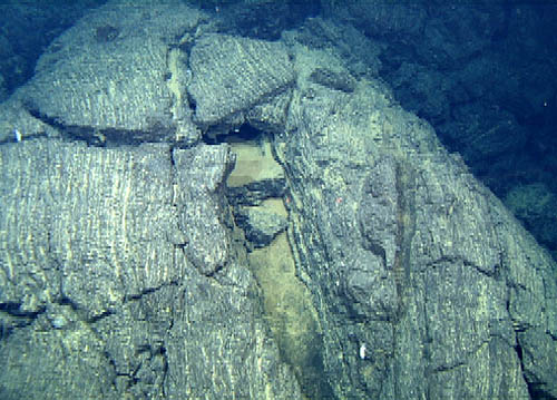 Bread-crust inflation cracks and striations on the surface of an andesite lava pillow that is several meters across. Small pockets of sediment have drifted into the lowest points of the cracks.