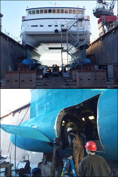 The Western Flyer was hauled out to dry dock at Bay Ship and Yacht in Alameda, California, for maintenance. In the bottom image, you can see one of the access hatches that were cut in the ship’s hulls to remove the thruster motors and their housings.