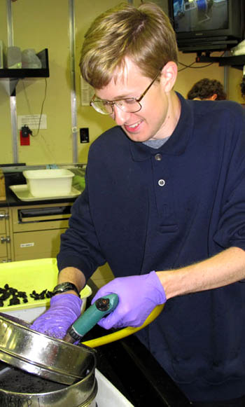 Will Vaughan sieves a sample of gravel collected from near the base of one of the pillow mounds to see if there is chemical or morphological diversity in the erupted lavas not reflected in the sampled rocks.