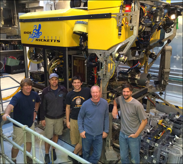 ROV pilots in front of Doc Ricketts, from left, Randy Prickett, Mark Talkovic, Ben Erwin, Knute Brekke, Bryan Schaefer.