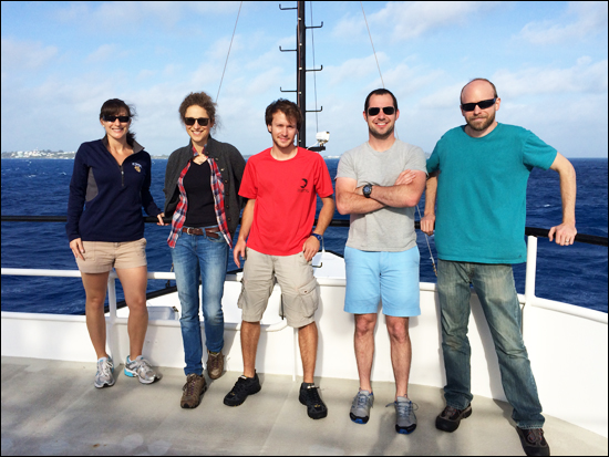 Collaborators from the virus-nutrients project returning from a five-day expedition to the Sargasso Sea on the R/V Atlantic Explorer, which is stationed at the Bermuda Institute of Ocean Sciences. (left to right) Amy Zimmerman (MBARI), Magdalena Gutowska (MBARI), Hugo Dore (University of Arizona), Brady Cunningham (University of South Carolina), and Jacob Waldbauer (University of Chicago).