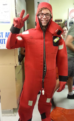 This is my first research cruise, therefore, I was selected to demonstrate how to quickly and properly put on an immersion suit in case an emergency arises aboard the Western Flyer. Safety first!