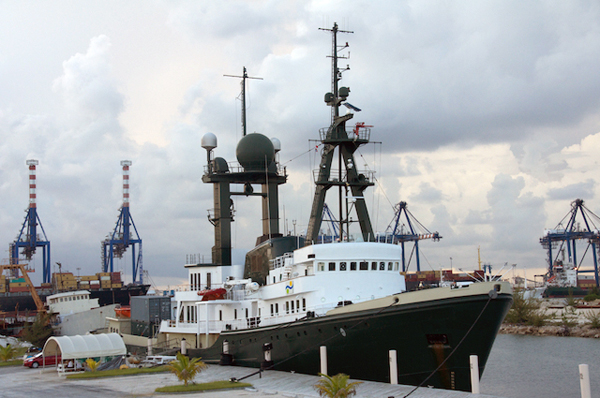 Schmidt Ocean Institute's M/Y Lone Ranger alongside the dock in Freeport, Bahamas. The crew has been preparing the ship for the voyage.