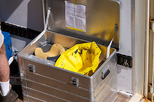 Parts of the damaged strobe light housing were packed for shipment back to MBARI. Each shipping container contains detailed inventory lists for international customs regulations.