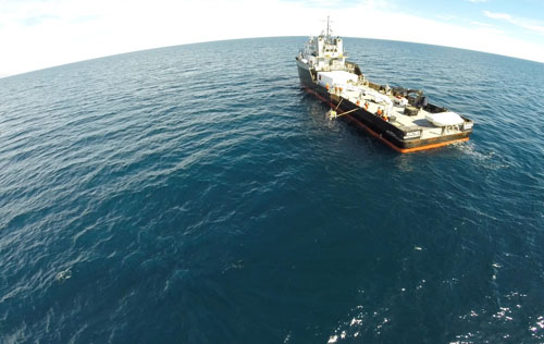 Frame grab of GoPro video taken by drone during bottom pressure recorder (BPR) recovery. Drone owned by CICESE and operated by Alejandro Hinojosa. The BPR is used for accurately measuring seafloor elevation.