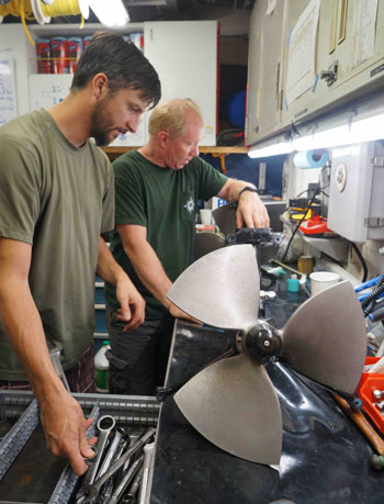 Bryan Touryan-Schaeffer and Knute Brekke made a little tweak to one of the ROV thrusters. The pilots have a workshop on board and are incredibly quick and capable at fixing problems with the vehicle.