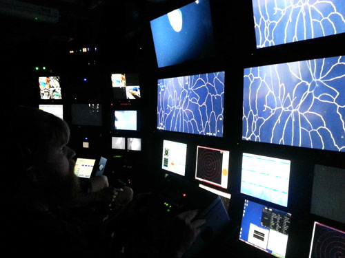 Casey Dunn observed the large and ethereal Deepstaria from the control room on the Western Flyer. 