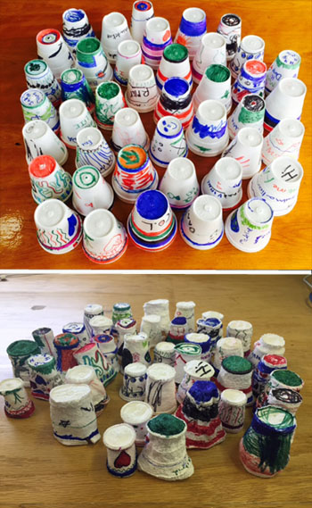 (top) These Styrofoam cups, the size of a standard coffee cup, were decorated by students. (bottom) After riding along on the ROV 2,000 meters beneath the sea surface, the air in the Styrofoam had been squeezed out, shrinking them to less than half their original size.