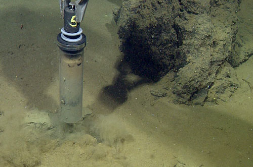 Push core is taken of sediments on top of a lava flow. We will extrude the core and sieve out the foraminifera shells at the bottom of the core for radiocarbon dating. This sample would be the first sediment to have accumulated on the flow, and its age will give us a minimum age of the flow.