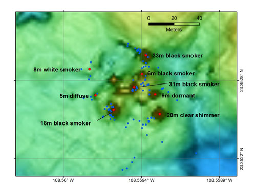 Map of the newly discovered vent field on the west flank of Alarcón Rise. The field will be named 