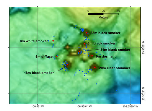Map of the newly discovered vent field on the west flank of Alarcón Rise. The field will be named
