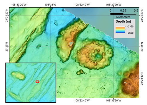 Map of a split cone and an intact cone to the northwest of the actively spreading axis of the Alarcón Rise. Their faulting history helps determine their relative ages. High-resolution bathymetric data at one-meter resolution was collected just a few weeks ago by the MBARI mapping AUV as part of this expedition and still needs some processing.
