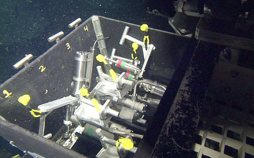 The sample drawer of the ROV Doc Ricketts is filled with hot-water sampling bottles used on this dive.