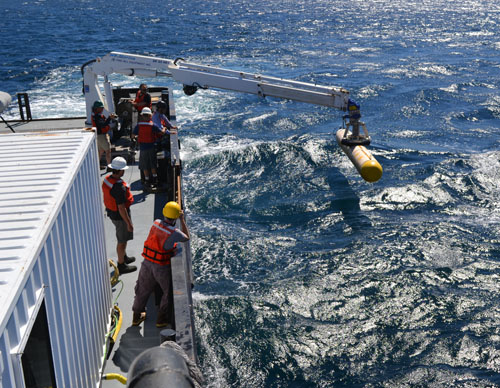 Deploying the mapping AUV for the first mission on February 18. This survey will provide context for a benthic biology ROV Ricketts dive by Jim Barry for the seafloor biology leg.