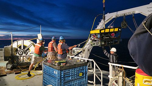 Around sunrise, the pilots and crew deployed the MiniROV from the fantail of the Western Flyer. On the left, you can see the tether spool attached to the deck.
