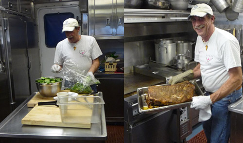 Steward Patrick Mitts prepares dinner including gourmet veggies and roast beef.