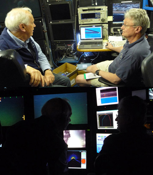 In the top image, Peter (left) and Ed (right) discuss the area to be explored the next morning, using ArcGIS to view and manipulate the maps. Below: During the dive, Peter (at the main science camera controls) and Ed (at the GIS and annotation station) discuss where to direct the pilots to fly the remotely operated vehicle (ROV) next.