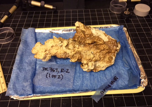 This sample will be analyzed to understand what minerals are present, which will help us understand the geochemical processes that made the rock. For scale, the tray under the rock is about 40 centimeters (16 inches) long.
