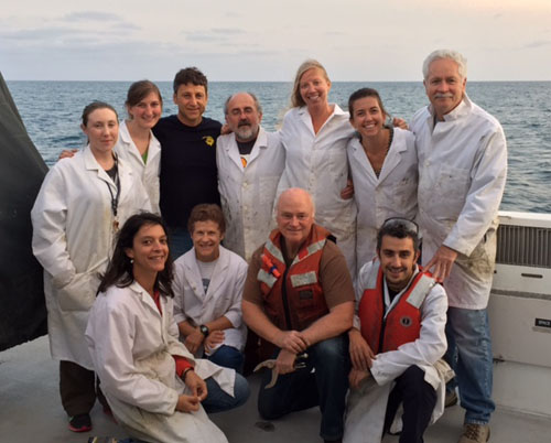 This team of scientists had a successful and productive cruise and you can tell by the smiles on our faces! Clockwise from top left: Katie Maier, Lauren Shumaker, Roberto Gwiazda, Juan Carlos Herguera, Susan von Thun, Eve Lundsten, Charlie Paull, Aaron Micallef, Brian Edwards, Mary McGann, and Vanesa Papiol.