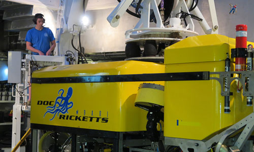 Second Mate Trevor Daviscourt uses the crane to lightly land the ROV once the mool pool doors have closed.
