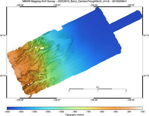 One-meter resolution topography from the first mapping AUV survey, covering the steep slope east of Cerralvo Island from 400 meters to 1,600 meters deep.