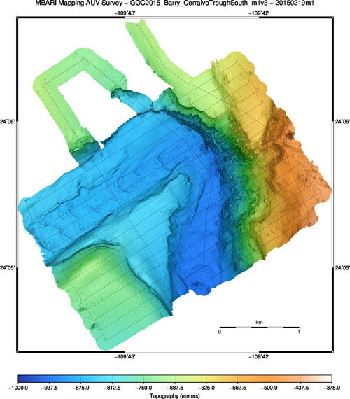 One-meter resolution topography from the second mapping AUV survey. About two-thirds of the planned survey was accomplished before the AUV was snagged.