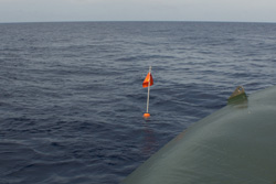 During the observatory deployment, the spar bouy mast is lowered into the water first. Photo: Debbie Nail Meyer