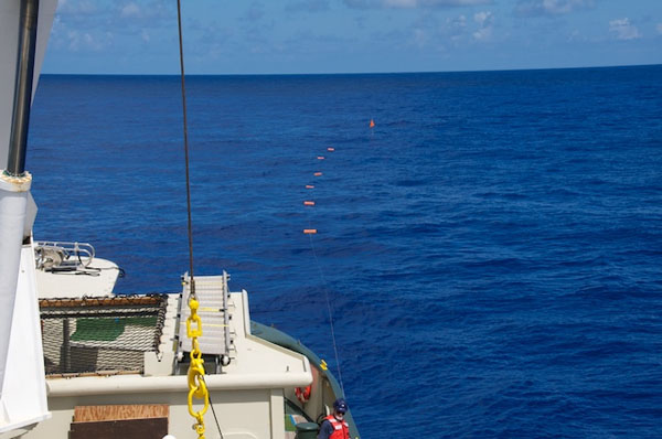 This long line of floats is the upper part of the deep-sea observatory. The floats drifted at the surface as the rest of the observatory was deployed from Lone Ranger. As the last part of the observatory—the camera tripod and anchor—sank into the water, it pulled down the sediment traps and floats to the seafloor 5,400 meters below. The flag of the mast assembly was the last piece to submerge at about 12 minutes after the camera tripod was released.