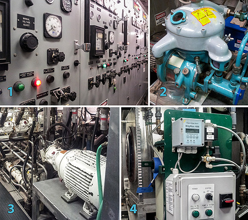 This montage shows some of the equipment down in the twin hulls of the Western Flyer that helps keep the boat working properly: 1) These massive generators supply power to the ship. 2) The fuel-purification system helps prevent damage to the engines. 3) The hydraulics room provides hydraulic power to many parts of the ship. 4) The oil/water separator reduces the amount of oil to less than 15 parts per million, making the bilge water safe to discharge into the ocean.