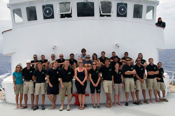 Lone Ranger’s crew and science party assemble on the bow for a group picture at sea. Everyone has a sense of accomplishment for the successful work that was completed during this mission.