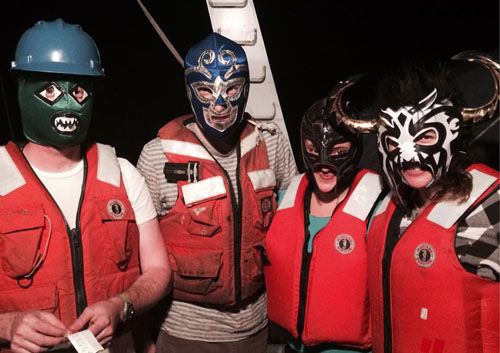 (from left to right) Jason Smith, Ryan Paerl, Gabriela Chavez, and Marguerite Blum get ready for the last cast of the expedition, bringing a bit of Mexican Carnival to the Western Flyer.