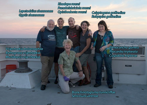 Several of our scientists on this leg have had genus or species named after them for contributions they have made in the field of deep-sea biology. Pictured from left are: Bob Vrijenhoek, Shannon Johnson Williams, Greg Rouse, Shana Goffredi, Elena Krylova, and (in front) Verena Tunicliffe.