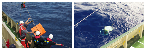 Left: One of the upper six syntactic foam floats is lifted out of the sea. Right: The top of one sediment trap of the observatory is visible just below the waterline. Photos: Debbie Nail Meyer