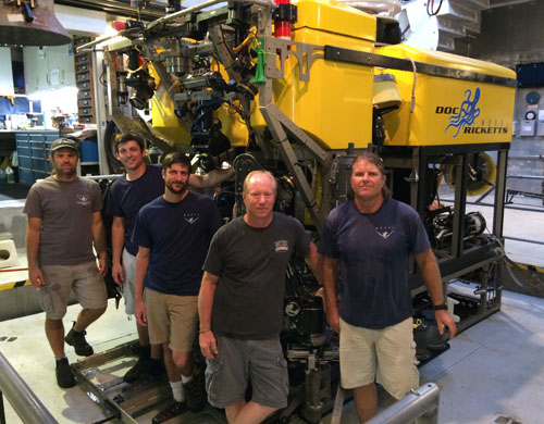 A big thank you to the ROV pilots who worked long hours everyday to make sure that all the scientific objectives got accomplished! From left, Mark Talkovic, Ben Erwin, Bryan Touryan-Schaefer, Knute Brekke, and Randy Prickett.