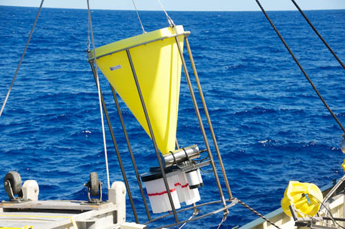 A crane lowers one of two sediment traps for the Sargasso Deep-Sea Observatory. The white bottles below rotate to collect one sample from the yellow funnel every 10 days.