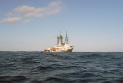 A view of Lone Ranger looking back from a small zodiac. The large swells hide the fantail of the ship.