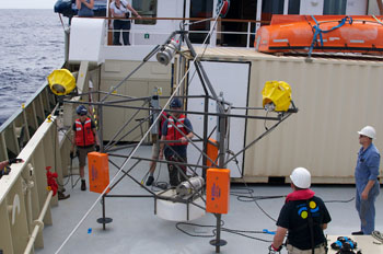 At the very end of the line, the camera tripod system is hauled up. Note the pulverized glass and holes in the right sphere. Photo: Debbie Nail Meyer