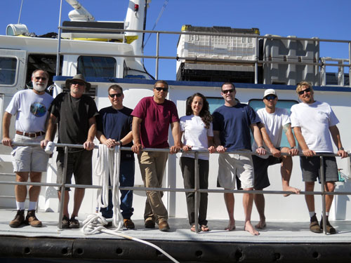 The AUV team and Zephyr crew. From left: Dave Caress, Perry Shoemake, Jim Boedecker, Hans Thomas, Mexican collaborator Beatriz Eugenia Mejia Mercado (a graduate student from CICESE), Doug Conlin, Paul Ban, and Aaron Gregg.
